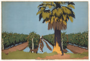 ARCHIBALD BERTRAM WEBB, (British/Australian, 1887-1944). IRRIGATING CURRANT VINES. AUSTRALIA, c1927 colour lithograph, signed in image lower right, 51 x 76cm. Linen-backed. Text continues “RBP5. Issued by the Empire Marketing Board. Printed for H.M. Stati