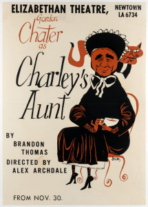 Robert HUGHES (Australian, 1938-2012). Gordon Chater As “Charley’s Aunt” 1960 colour screenprint, signed "Hughes" in image lower right, 77 x 54cm. Linen-backed. “Elizabethan Theatre, Newtown LA 6734. By Brandon Thomas. Directed by Alex Archdale. From 