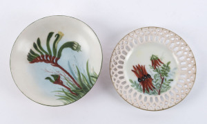 MAY CREETH (1854-1947), I.) Sturt's Desert Pea, W.A. II.) Kangaroo Paw, W.A. hand-painted porcelain plates, circa 1900, 12cm and 13cm diameter