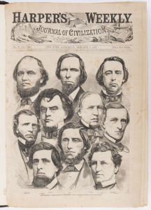 HARPERS WEEKLY - 1861 - AMERICAN CIVIL WAR ERA: complete fully bound compilation of journals for the year, comprising 832 pages, being the year of Lincoln's Inauguration and the outbreak of the American Civil War. Lavishly illustrated with engravings by Winslow Homer, and numerous political cartoons featuring Lincoln. Topics covered include the bombardment of Fort Sumter, secessions from the Union and The First Battle of Bull Run.