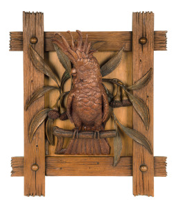 FRANCIS EDMOND STRIEZEL (1860-1935), "Cockatoo", circa 1900, carved wood wall plaque, impressed maker's mark, 44 x 37cm German born Streizel emigrated to Australia in 1886 and worked with fellow German carver Robert Prenzel in Melbourne. Works by Streizel
