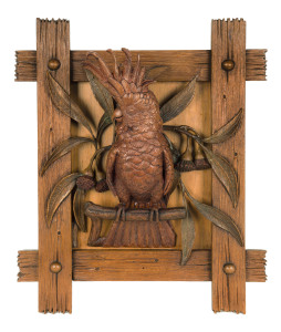 FRANCIS EDMOND STRIEZEL (1860-1935), "Cockatoo", circa 1900, carved wood wall plaque, impressed maker's mark, 44 x 37cm German born Streizel emigrated to Australia in 1886 and worked with fellow German carver Robert Prenzel in Melbourne. Works by Streizel are extremely rare. A similar pair of plaques can be found in The NGV collection (National Gallery Of Victoria). PROVENANCE: Private collection Melbourne, previously by direct Striezel family descent.