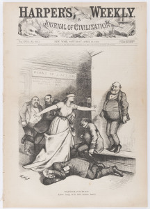 HARPER'S WEEKLY: 1857-1884 selection comprising including 1857 (first year of publication) Apr.4 issue (No.14); also 1858 (2); then American Civil War era issues 1861, 1862 (4), 1863 (3), 1864 (4), 1865 (2); also single issues for 1868, 1871, 1873, 1874 (Jan.24, with wonderful Thomas Nast "A Hard Fish to Catch" cartoon on front cover) & 1884; lots of attractive engravings and political cartoons throughout; condition variable, housed in A3 display books. (22 issues in 3 folios)