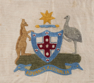 AN AUSTRALIAN COAT OF ARMS "ADVANCE AUSTRALIA" c1908 cotton embroidery on linen, 41 x 45cm (overall size). Artist unknown.