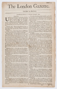 LONDON GAZETTE - ENGLAND - 1665 issues: Numb.25 & 52: folio half-sheets, issue #25 with news of naval activities especially of His Majesty's fleet under Sir Christopher Minnes, plus a report that 105 parishes were clear of the plague; issue #52 reports th