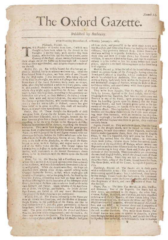 OXFORD GAZETTE - ENGLAND - Dec.28 to Jan.1 1665, Numb.14: Precursor to the "London Gazette", with all issues from #1 to #23 being printed in Oxford, due to The Plague contagion rampant in London, the journal not returning to the capital until issue #24,