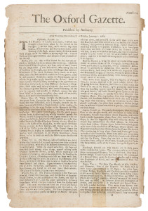 OXFORD GAZETTE - ENGLAND - Dec.28 to Jan.1 1665, Numb.14: Precursor to the "London Gazette", with all issues from #1 to #23 being printed in Oxford, due to The Plague contagion rampant in London, the journal not returning to the capital until issue #24, when it was renamed the "London Gazette"; the contents mostly describe ship and military movements around Europe; condition is somewhat aged with brittle edges and a small taped repair at base. Extremely rare.