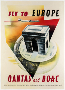 [The QANTAS Lockheed Constellation], FLY TO EUROPE. Qantas and B.O.A.C. c1955 colour process lithograph, signed “Morley” in image centre, 99 x 70cm. Linen-backed. Text continues “Qantas Empire Airways in association with British Overseas Airways Corporati
