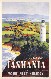 James NORTHFIELD (Australian, 1887-1973). The North-West TASMANIA For Your Next Holiday c1950s colour lithograph, signed in image lower right, 99 x 64cm. Linen-backed. Text in lower margin identifies the printer: “Mercury - Hobart.”