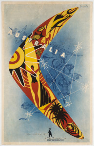 Gert SELLHEIM (Estonia, Australia, 1901-1970). AUSTRALIA [Boomerang] 1957 colour and process lithograph, signed in image upper right, 100 x 63cm. Linen-backed. Text continues “Australian National Travel Association, Railway Building, Flinders Street,