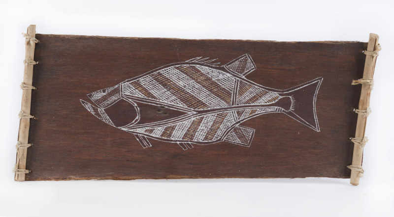 BOBBY BARRDJARAY NGANJMIRA (1915-1992), Salt Water Bream, bark and natural earth pigment, Oenpelli Art label verso, C.M.C. Code No. B402, ​21 x 44cm