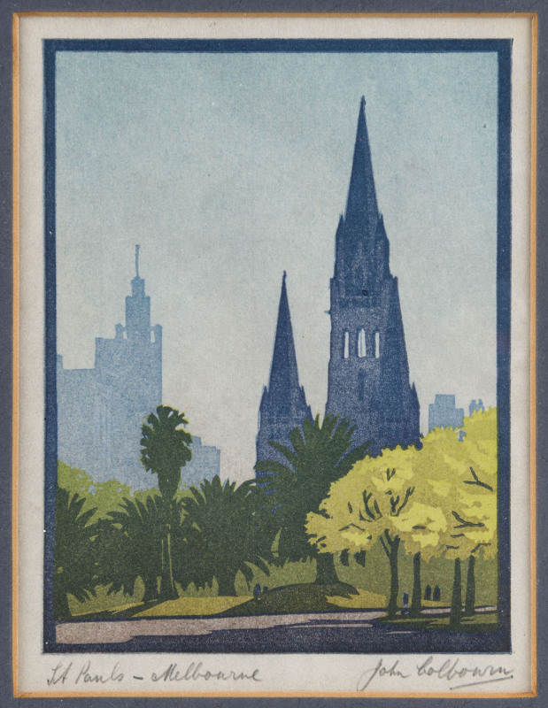 JOHN COLBOURN (1912-1945), St. Pauls, Melbourne, linocut, signed and titled in pencil in the lower margin, ​17 x 13cm