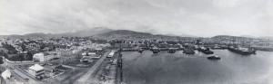 Chester Melvin VANIMAN, (American, 1866-1912). [Hobart From Salamanca Place, Tasmania], 1904 vintage platinum photograph, panorama, annotated and dated “registered 1904” and signed in negative lower right, 37.6 x 118cm. Laid down on acid-free backing.