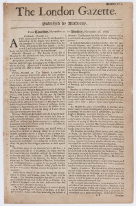 LONDON GAZETTE - ENGLAND - 1666 issues: complete run between Nov.19 and Dec.17 plus Dec.27 (Numb.106 to 114 & 117): published in folio half-sheets, content mostly concerns news from various European cities, plus ship and fleet movements; issue 110 talks o