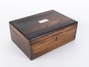 THE SOBRAON workbox with silver plaque "Constructed Of Timber From SOBRAON, Built In 1866 (Renamed HMAS TINGIRA in 1911)". The Sobraon a fine large clipper played a significant role in the story of migration to Australia in the post convict 19th century era. 12.5cm high, 30.5cm wide, 22cm deep