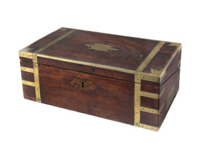 JAMES SHERWIN antique mahogany brass bound writing box with owner's name plate on the lid "Jas. SHERWIN, 1814". Born in 1788 in the rich pottery district of Staffordshire where he learnt his craft, Sherwin moved to St Petersburg in Russia in the early 1820's. He lost his wife and son in floods and decided to move to Van Diemen's Land. James Sherwin established one of Tasmania's earliest commercial potteries setting up in Hobart in 1831. This box is purported to have personally belonged to him an
