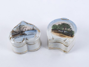 Two Australiana souvenir porcelain jewellery boxes, 19th century, I.) Shipping, River-Yarra, Melbourne. II.) The Lake, Botanical Gardens, Melbourne. 8cm deep