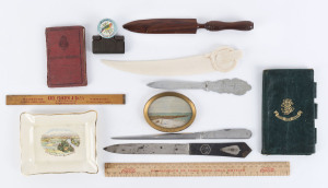 Assorted letter openers (5), advertising rulers (2), Rosella paper clip, porcelain souvenir ware, miniature landscape, leather wallet, old driving licence and cigar box, (12 items)