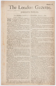 LONDON GAZETTE - ENGLAND - 1667 issues: incomplete run between Jan.3 and Apr.22 (Numb.118 to 127, plus 129, 131 & 143 to 149): published in folio half-sheets, content mostly concerns news from various European cities, plus ship and fleet departures arrivals and ships wrecked off the British coast; condition variable with some aging as to be expected, generally quite fine. (20 issues)