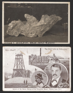 POSTCARDS, real photograph of a gold nugget with handwritten caption "Weight 1135. Ozs. Value Over £5,000" by T.F. Mackay of Kalgoorlie. Plus "Scenes Of The Heroic Rescue Of The Entombed Miner, Bonnie Vale, W.A."