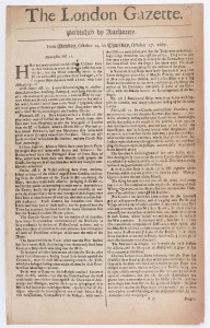 LONDON GAZETTE - ENGLAND - 1667 issues: complete run between Oct.14 and Dec.23 (between Numb.200 and 220): content mostly concerns news from various European cities, plus fleet movements and ship arrivals and religious news including Papal activities; iss