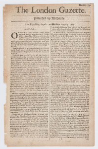 LONDON GAZETTE - ENGLAND - 1667 issues: largely complete run between Aug.5 and Oct.10 (between Numb.180 and 199, 191 missing): content including news about international tensions and conflicts including post 2nd Anglo-Dutch War incidents following the Tr