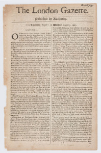 LONDON GAZETTE - ENGLAND - 1667 issues: largely complete run between Aug.5 and Oct.10 (between Numb.180 and 199, 191 missing): content including news about international tensions and conflicts including post 2nd Anglo-Dutch War incidents following the Treaty of Breda (Jul.21,1667), issue 180 with a Aug.2 report from Plymouth that the Dutch had attempted a landing at Wenbury but were forced to retreat to their ships by local militia, issue 181 reporting that Dutch Fleet had surrounded the Scilly