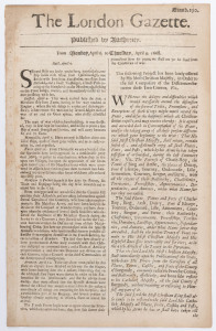 LONDON GAZETTE - ENGLAND - 1668 issues: almost complete January to April run (between Numb.222 and 257, excl. 229, incl. duplicates of issues 250 & 257): content mostly concerns news from various European cities, plus fleet movements, ship arrivals and de
