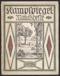 [GERMAN P.O.Ws in AUSTRALIA] "Kampspiegel Monatshefte” No. 7 Camp Mirror) [Illustrated Periodical For Prisoners Of War In Australia] Oct.1918 stitch-bound softcover booklet with cover consisting of a lineblock image with colour linocut borders, 24 pages,