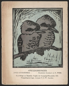 [GERMAN P.O.Ws in AUSTRALIA] “Kampspiegel Monatshefte 1918” No. 6 - Sept.1918 (Camp Mirror) [Illustrated WWI Periodical For German Prisoners Of War In Australia] Stitch-bound softcover booklet with colour linocut cover, 14 pages, 22.1 x 17.4cm.