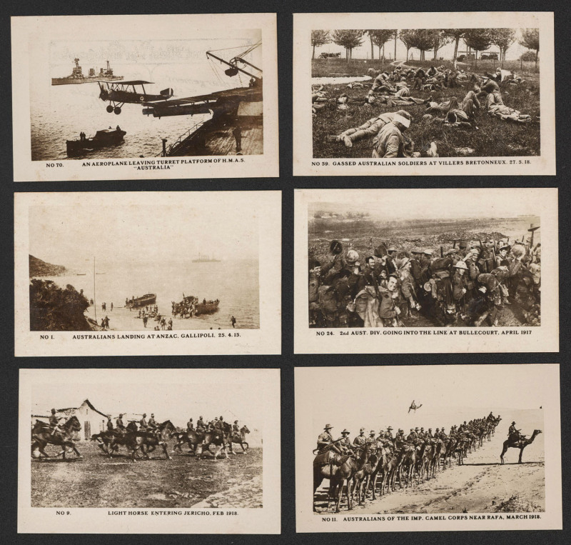 L.C. MOSS, Madden St., Albert Park, Melbourne: “AUSTRALIAN OFFICIAL WAR PHOTOGRAPHS”. An almost complete set [70/72] of numbered and captioned cigarette cards; in fine condition in a contemporary album with L.C.Moss label on inside back cover. The cards