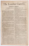 LONDON GAZETTE - ENGLAND - 1668 issues: largely complete September to December run (between Numb.292 and 326, ex 301, 303 & 320): content mostly concerns news from various European cities, plus fleet movements, ship arrivals, and religious news including - 2