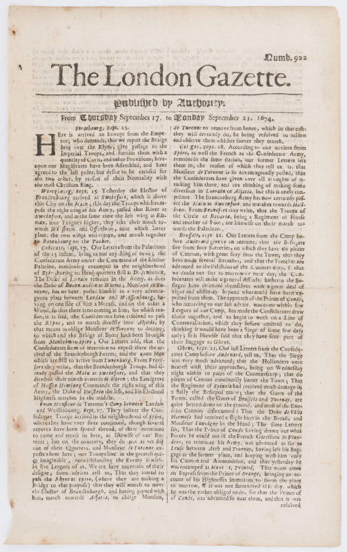 LONDON GAZETTE - ENGLAND - 1669-1675 selection of issues: with issue 982 (Apr.15, 1675) announcing that King Charles II would no longer conduct public healings of The King's Evil (scrofula/tuberculosis) after Apr.30 until further notice, the same issue al