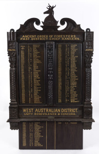 "Ancient Order Of Foresters Past District Chief Rangers, West Australian District, Unity, Benevolence & Concord" carved honour roll, circa 1901, 162 x 97cm