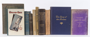 AUSTRALIAN INTEREST: A shelf of books including "Handbook of the Destructive Insects of Victoria - Part 1" by French [1891], "David Syme - The Father of Protection in Australia" by Pratt [1908], "The History of Prahran" by Cooper [1912], "The Story of the