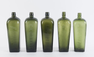 Five antique green glass schnapps bottles, three marked "E.KIDERLEN" and two "P. HOPPE SCHIEDAM", 19th century, 30.5cm high