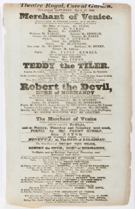 THEATRE ROYAL, COVENT GARDEN: A group of original 1830 playbills for "The Gamester" (March 18), "The Merchant of Venice" (March 27), "Handel's Oratorio The Messiah" (March 31) and "The Grecian Daughter" (April 12). All with much detail of the production a