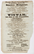 THEATRE ROYAL, COVENT GARDEN: A group of original 1830 playbills for "The Gamester" (March 18), "The Merchant of Venice" (March 27), "Handel's Oratorio The Messiah" (March 31) and "The Grecian Daughter" (April 12). All with much detail of the production a - 3