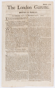 LONDON GAZETTE - ENGLAND - 1688-1694: large group of issues between numb.2371 and 2998: much of interest including issue 2371 (Aug. 6,1688) with records of addresses to the King and Consort on the birth of the Prince of Wales, the same issue reporting that the King has ordered breast feeding be given to the Prince "with much success"; issue 2384 (Sep.20,1688) with a declaration from James II that no Roman Catholic may be a member of the British House of Commons;