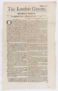 LONDON GAZETTE - ENGLAND - 1688-1694: large group of issues between numb.2371 and 2998: much of interest including issue 2371 (Aug. 6,1688) with records of addresses to the King and Consort on the birth of the Prince of Wales, the same issue reporting tha - 3