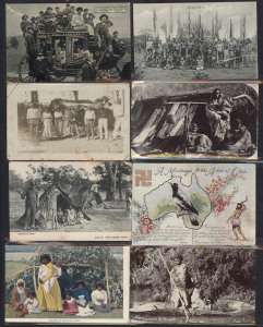 POSTCARDS: A small collection of (13) mainly real photo cards, circa 1905-10, with subjects including "Aboriginals & Canoe" by Cooper, "The First Cobbs' Coach Imported from America, Delivering H.M. Mails to the Natives at Coranderrk.", "Crossing the Mystic Figure" by Kerry, "Natives Darwin", etc. Mixed condition.