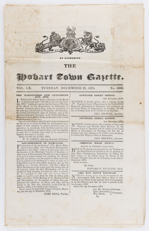 "HOBART TOWN GAZETTE" - TASMANIA - 1875: Dec.21 (No.5086) edition with content including timetable for mail between England and Tasmania, via Point De Galle & Melbourne for year ending December 31st 1876, Assessment Roll for George Town District, Land and