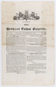 "HOBART TOWN GAZETTE" - TASMANIA - 1875: Dec.21 (No.5086) edition with content including timetable for mail between England and Tasmania, via Point De Galle & Melbourne for year ending December 31st 1876, Assessment Roll for George Town District, Land and Works Office notice of auction for leases including that of Maria Island, plus government, rural municipality and court notices.