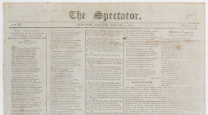 THE SPECTATOR (NEW YORK): 1800 (Jan.1) edition of this short-lived (Oct. 1797 to Dec.31 1800) broadsheet including a report on the "Funeral Procession as a tribute to the memory of General George Washington" held on December 31st 1799, with full details of the procession including illustration of the position of the pall-bearers and the order of the procession; quite fine with some light foxing, overall 33.5 x 50cm.