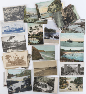 AUSTRALIA: Diverse range in small box; noted one from Broadmeadows Military Camp Aug.1914 ("What little food we have had has been very crook"), an undivided back "Jenolan Caves" RP, "Prince's Highway at Ulladulla", Mosman Bay, Portland Vic., Lake Tyres, Coranderrk Weir, Werribee Gorge, Germantown, Railway Station Benalla, and a rare group from Barraport (near Bendigo). Mixed condition. (Total: 45).