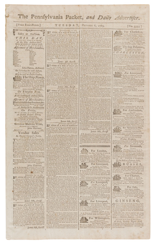 THE PENNSYLVANIA PACKET, AND DAILY ADVERTISER - 1789 - BILL OF RIGHTS: (Oct.6) edition with column headed "Congress of the United States" showing the Twelve Articles of Amendment approved by Congress on September 25, 1789; other contents include a verse d