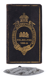 1888-89 CENTENNIAL EXHIBITION MELBOURNE: Press Pass issued in the name of K.D.Bennett; leather with gilt embossed title and Exhibition logo; internal photograph and affixed card with details. Also, a souvenir miniature folding pocket knife from the 1904 World's Fair St.Louis. (2 items).