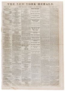NEW YORK HERALD - CIVIL WAR ERA - GETTYSBURG ADDRESS: 1863 (Nov.20) edition with "Our Special Despatch From Gettysburg" coverage of the ceremony held on Nov.19, with details of speeches by Lincoln, Secretary of State William H. Seward, Governor Horatio Seymour & Senator Edward Everett, plus scaled plan of the National Cemetery headed "The American Necropolis". An important historical edition beautifully presented in a gilt-lettered, hardbound folio (44.5 x 61cm)