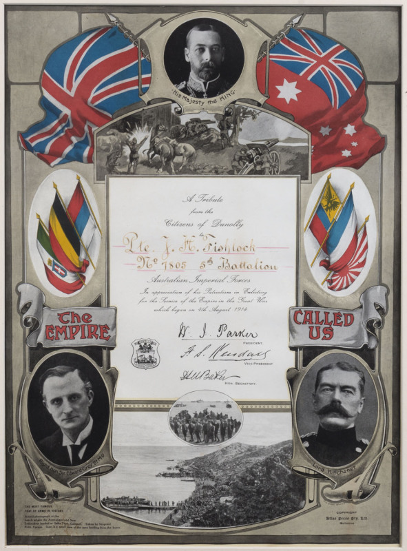 c1919 lithographic certificate, "A Tribute from the Citizens of Dunolly, to "Pte. J.H. Fishlock, No.7805, 5th Battalion, A.I.F.", printed by Atlas Press Pty Ltd. and completed in manuscript. With images including Gaba Tepe, Gallipoli. Attractively framed