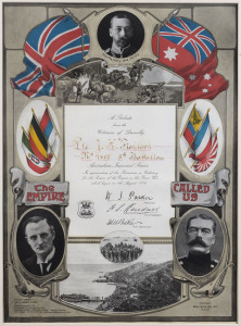 c1919 lithographic certificate, "A Tribute from the Citizens of Dunolly, to "Pte. J.H. Fishlock, No.7805, 5th Battalion, A.I.F.", printed by Atlas Press Pty Ltd. and completed in manuscript. With images including Gaba Tepe, Gallipoli. Attractively framed 